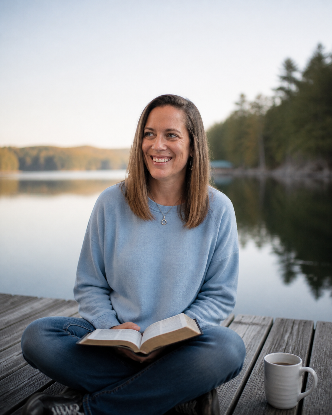 Danielle Moore smiling on a lake dock with an open Bible and a coffee mug
